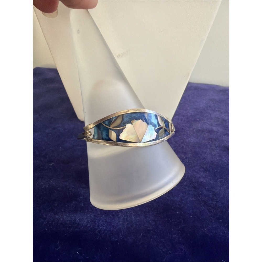 Sterling Silver 925 Abalone Blue Floral Bangle Bracelet Taxco Mexico